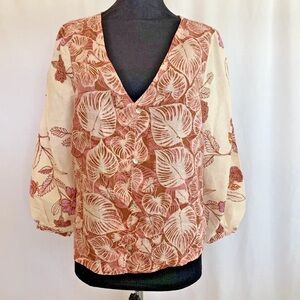 Tahari Pink and Brown Leaf Print Linen Top - Size Extra Small